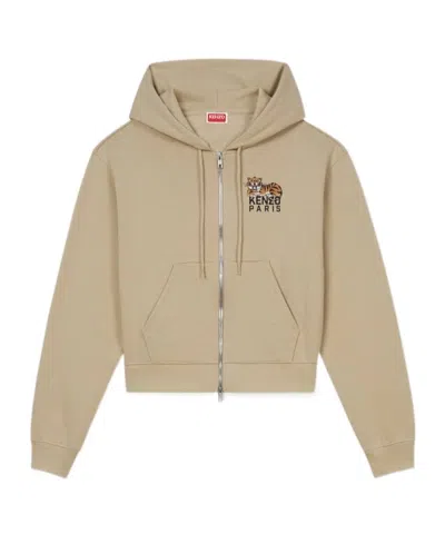 Kenzo Zipped Hoodie In Cotton In Beige