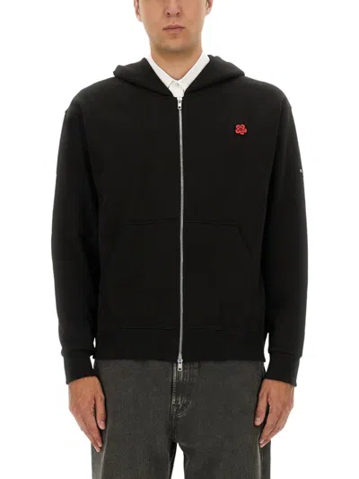 Kenzo Zippered Black Hoodie In Animal Print