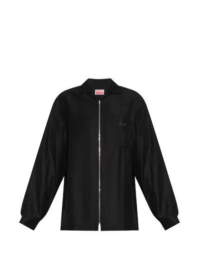 Kenzo Zip-up Logo-embroidered Shirt In Black