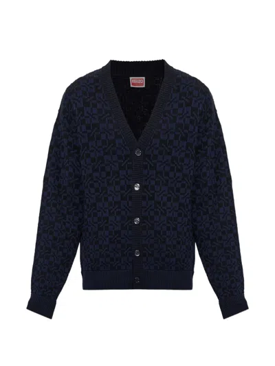 Kenzo Gram Geometric-pattern V-neck Cardigan In Blue