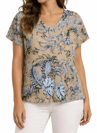 Keren Hart V-neck Short Sleeve Tee In Tan And Light Blue Floral In Multi
