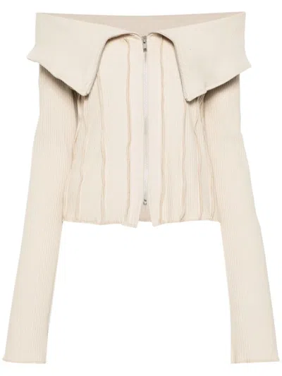 Kernemilk Cleo Off-shoulder Ribbed Jacket In Neutrals