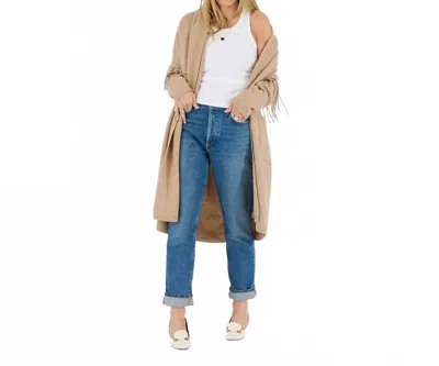 Kerri Rosenthal Cali Fringe Long Sleeve Cardigan In Camel In Brown