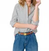 Kerri Rosenthal Mia Ruffle Button Down Shirt In Black Stripe In Multi