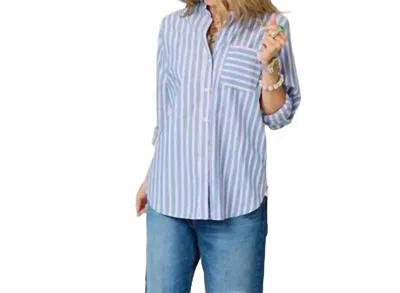 Kerri Rosenthal Mia Ruffle Stripe Shirt In Striped In Blue