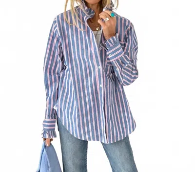 Kerri Rosenthal Mia Ruffle Striped Shirt In Blue