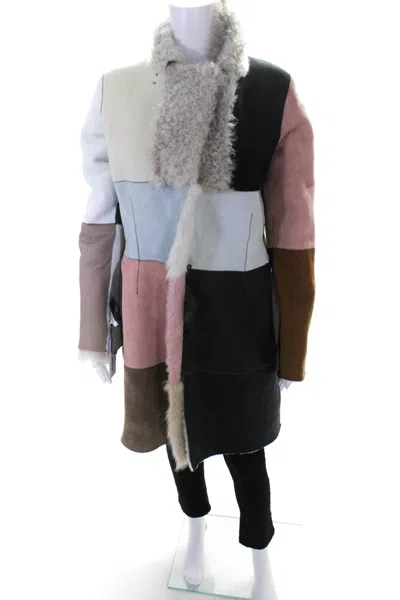 Kervin Marc Womens Leather Multicolor Patchwork Collar Shearling Coat