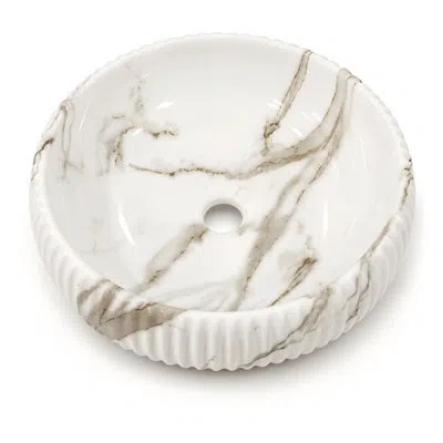Kes 16.5 In.  Round Ceramic Vessel Bathroom Sink, Brown Marble Pattern Countertop Basin With Fluted Exte