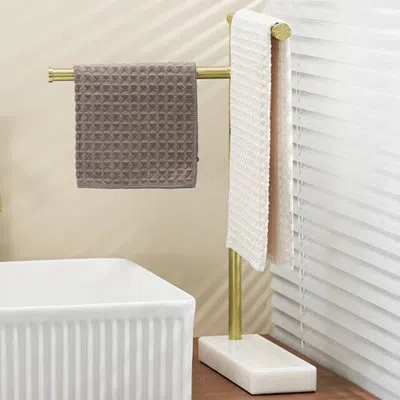 Kes 17.3" Hand Towel Holder Stand For Bathroom Countertop With Weighted Marble Base And Adjustable 2 Arm In Brushed Gold