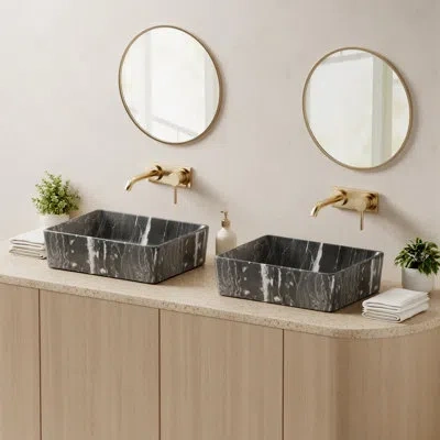 Kes Bathroom Vessel Sink, Rectangular 16"x12" White Vessel Sink For Bathroom Countertop Marble Black