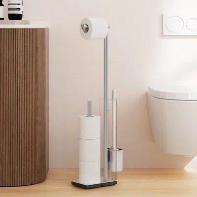 Kes Freestanding Toilet Paper Holder With Toilet Brush In Brushed Nickel