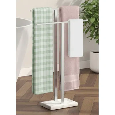 Kes Freestanding Towel Rack 2-tier 33''h Dual T-shape Towel Stand With Weighted Marble Base For Bathroom In Silver,white Marble