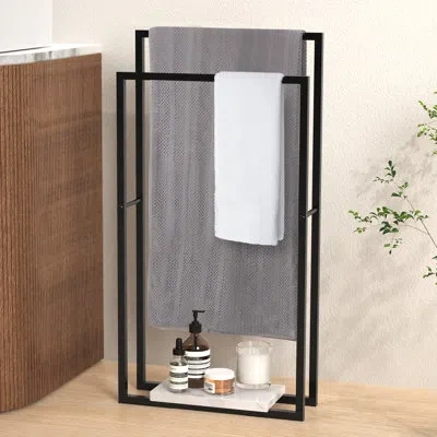 Kes Freestanding Towel Rack 2-tier (34''&38'' Height) Stand With Marble Base For Bathroom Metal Matte Bl In Matte Black