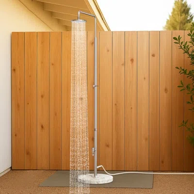 Kes Natural Marble Outdoor Shower With Weighted Base, Freestanding Poolside Rain Shower Head & Foot Rins In Stainless Steel