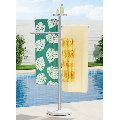 Kes Outdoor Towel Rack, Pool Towel Rack With Weighted Marble Base, Adjustable 4 Arms With Storage Tray In Brushed Nickel