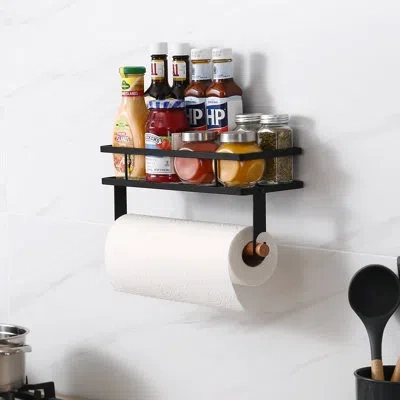 Kes Paper Towel Holder With Shelf Storage Wall Mount, Adhesive Paper Towel Holder With Spice Holder For  In Black