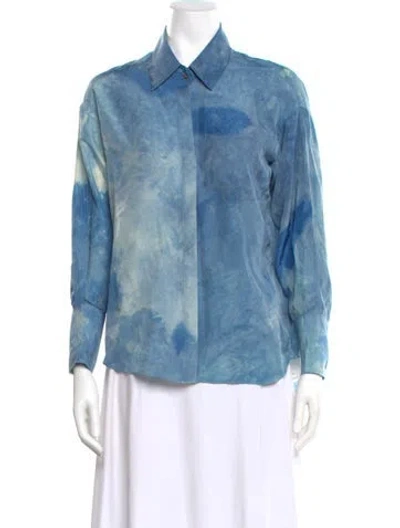 Pre-owned Kes Silk Tie-dye Print Button-up Top In Blue