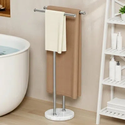 Kes Standing Towel Rack For Bathroom Floor, 2-tier Free Standing Towel Rack With 10.5 Lbs Round Natural  In Brushed Nickel
