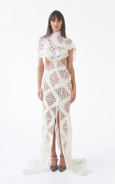 Kettel Atelier Ludovica Cutout Crochet Maxi Dress In White