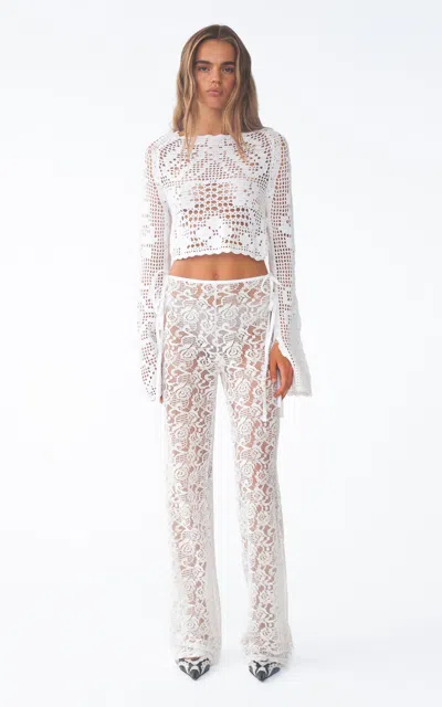Kettel Atelier Tie-detailed Lace Straight-leg Pants In White