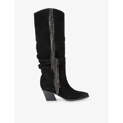 Kg Kurt Geiger Womens Black Tempt Suede Heeled Knee-high Boots Eur 41 / 8 Uk