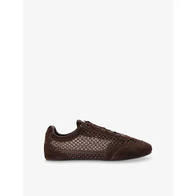 Kg Kurt Geiger Womens Brown Listen Rhinestone-embellished Mesh And Suede Low-top Trainers Eur 36 / 3