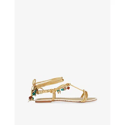 Kg Kurt Geiger Womens Gold Comb Roux Charm Flat Leather Sandals Eur 41 / 8 Uk