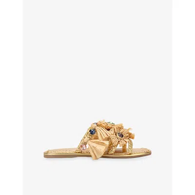 Kg Kurt Geiger Womens Gold Comb Roxie Leather And Raffia Sandals Eur 39 / 6 Uk In Animal Print