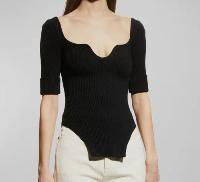 Pre-owned Khaite $1160  Women's Black Maddy Notched Long Sleeve Ribbed-knit Top Size M