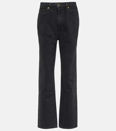 Khaite Women's Wilcox Stretch Abigail Distressed-trim Straight Mid-rise Stretch-denim Jeans In Black