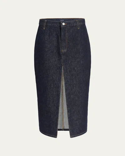 Khaite Anden Pleated Denim Slit Midi Skirt In Blue
