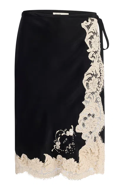 Khaite Apaleen Lace-trimmed Vintage Washed Silk Midi Skirt In Black
