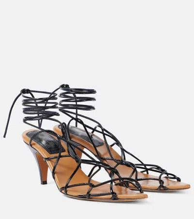 Khaite Arden Crinkled Patent-leather Sandals In Black