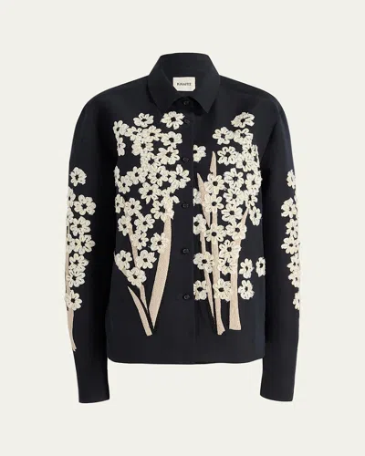 Khaite Argo Button-down Foral Applique Top In Black