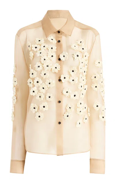 Khaite Argo Floral-embellished Silk Organza Shirt In Neutral