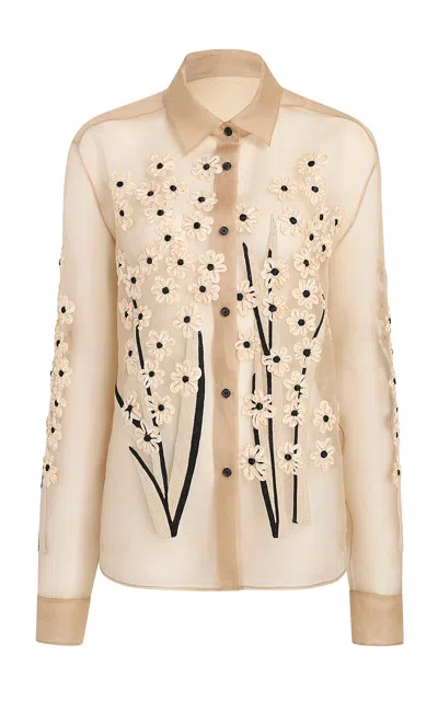 Khaite Argo Floral-embellished Silk Organza Shirt In Neutral