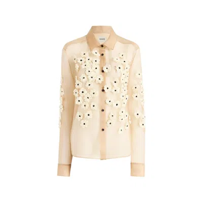 Khaite Argo Floral Applique Silk Button-down Top In Neutral