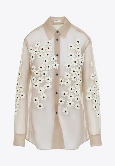 Khaite Argo Silk Organza Shirt With Flower Appliques In Neutral