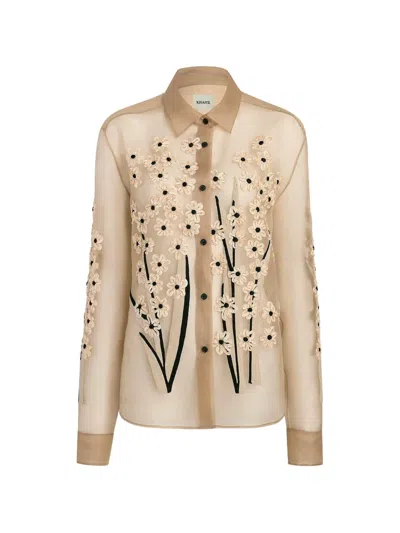 Khaite Argo Floral-embellished Silk Organza Shirt In Neutral