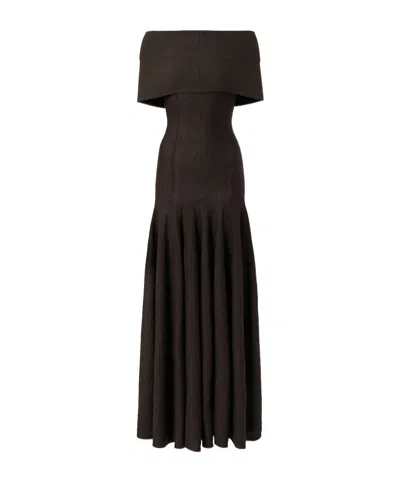 Khaite Ava Off-shoulder Wool-blend Maxi Dress In Brown