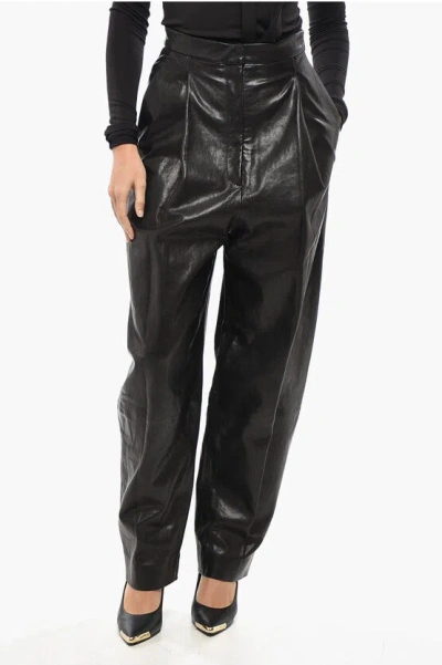 Khaite Balloon Fit Leather Pants With Front Pleat In Black