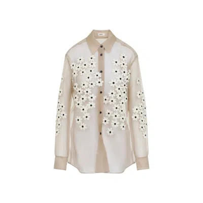 Khaite Argo Silk Organza Shirt With Flower Appliques In Neutral
