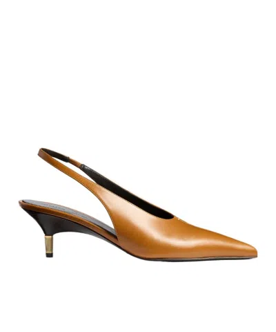 Khaite Bella 55 18kt Gold-plated Leather Slingback Pumps In Brown