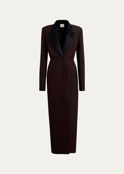 Khaite Bellow Long Peacoat With Satin Lapels In Brown