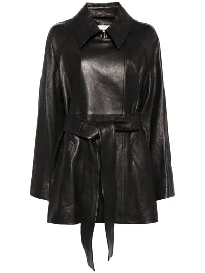Khaite Belted Leather Coat In Black