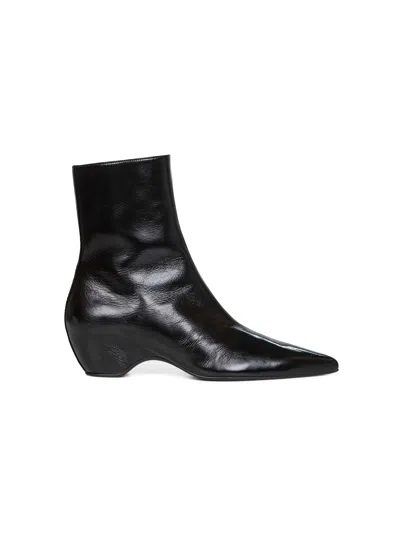 KHAITE BLACK GLAZED LEATHER SYBIL ANKLE BOOTS