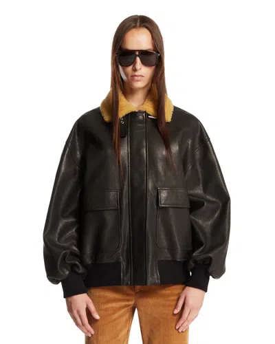 Khaite Black Leather Bomber Jacket