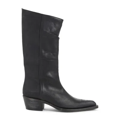 Khaite Mid-calf Black Leather Boots With Pointed Toe And Stacked Heel