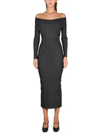 Khaite Black Textured Off Shoulder Midi Dress
