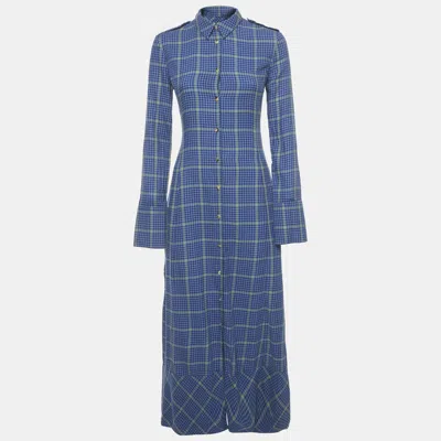 Pre-owned Khaite Blue Houndstooth Cotton Blend Daniella Midi Dress Xs
